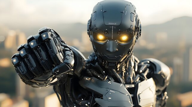 Aggressive Futuristic Robot Raising Fist in Threatening Manner