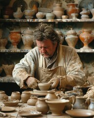 Ceramic studio scene, potter shaping clay on a wheel, surrounded by handmade pottery pieces, capturing the essence of craft