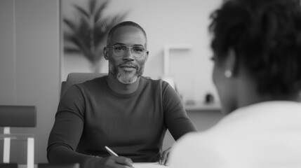 Restoring mental health, black and white portrait of a psychoanalyst conducting a therapy session with a client, support in difficult situations and social problems of adaptation