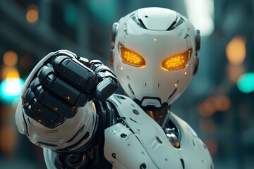 Fototapeta premium Aggressive Futuristic Robot Displaying Dominant Pose and Threatening Stance