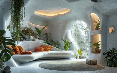 Futuristic interior design featuring prehistoric plants in a seamless blend of modern aesthetics and natural elements