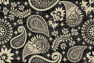 Ikat floral paisley embroidery seamless pattern. Ikat ethnic flower oriental pattern traditional. Motifs African boho. Ethnic ikat floral Border Indian floral Aztec embroidery border