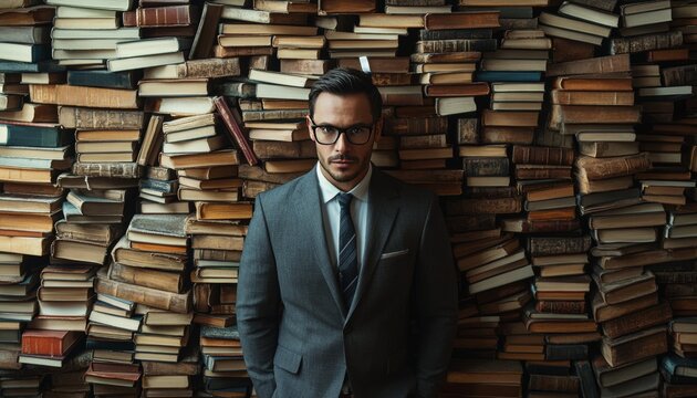 Businessman surrounded by piles of books  a visual emphasis on the value of knowledge and wisdom