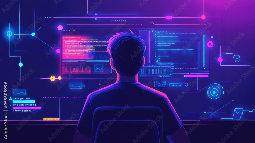 Wall mural Futuristic Hacker's Workspace with Glowing UI Elements