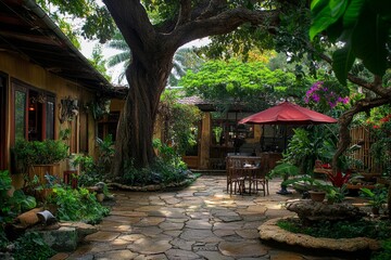 Tropical caf   setting showcasing a large tree and inviting backyard for relaxation and enjoyment