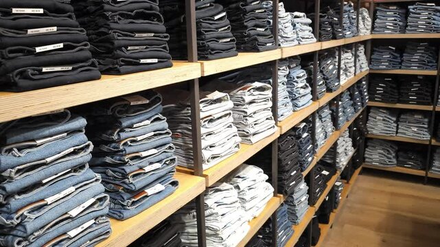 Stacked jeans on wooden shelves in a retail clothing store. Indoor arrangement of denim in various colors and sizes. Shopping and fashion retail concept