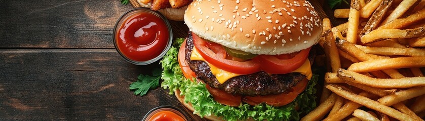 Assorted burgers and fries, vibrant and mouthwatering spread