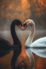 Fototapeta premium Black and white swans facing each other on a serene lake, soft golden light of sunset reflecting on water