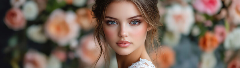 Obraz premium Bride with a soft expression against a floral backdrop