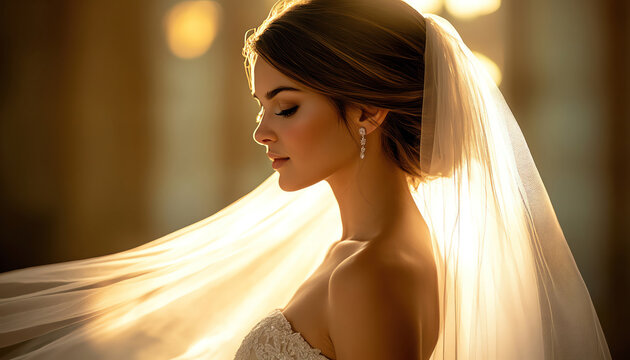 Bride in strapless gown with flowing veil, side profile, classic portrait