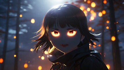 Anime Young woman in black jacket surrounded by orange pumpkins and glowing faces, Suitable for autumnthemed website banners, Halloween promotions, social media posts, and festive event flyer.