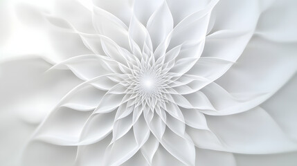 Obraz premium White abstract geometric flower wallpaper background. Elegant minimal subtle light grey shadow sacred geometry mandala packaging or display backdrop. Technology or luxury concept 3D fractal rendering.