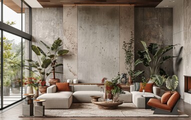 Modern home interior with ancient plants as focal points creating a serene and stylish living space with natural light