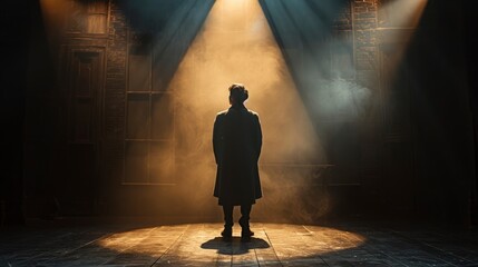 Obraz premium Silhouette of a Person Standing on a Stage in the Spotlight