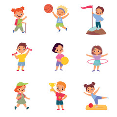 Kids Sport with Girl and Boy Character Enjoy Sportive Activity Vector Set