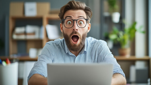 Surprised man with glasses and beard sitting in front of a laptop, displaying a shocked expression in a modern office setting.
