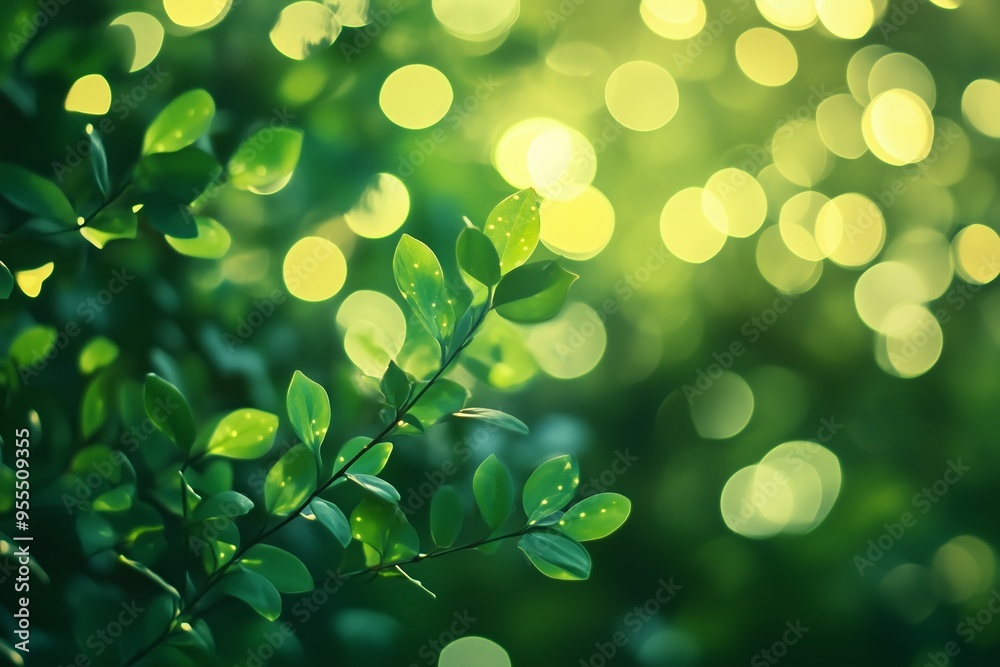 Wall mural Lush green leaves sparkle in the sunlight, creating a dreamy bokeh effect in the vibrant outdoor setting during a serene afternoon