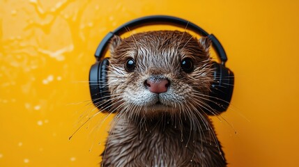 Fototapeta premium Otter wearing headphones, set against a bright yellow background