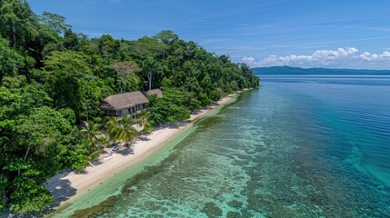 Tropical Beach Paradise with Lush Green Forest and Crystal Clear Water