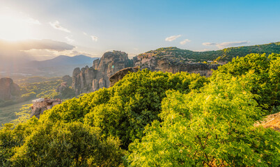 The monastery Meteora, rocky monasteries complex in Greece near Kalabaka city. Holy Monastery of...