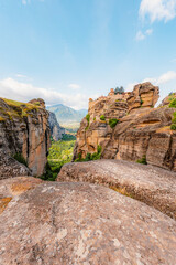 The monastery Meteora, rocky monasteries complex in Greece near Kalabaka city. Holy Monastery of the Great Meteoron and Varlaam