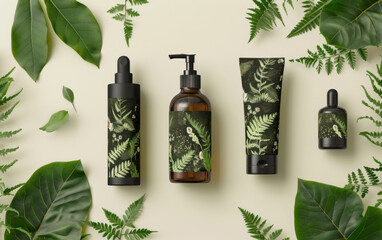 Natural skincare branding showcasing prehistoric plant life representations on elegant product packaging in a serene botanical setting