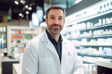 Portrait of a male pharmacist at a contemporary drugstore counter with professional attire