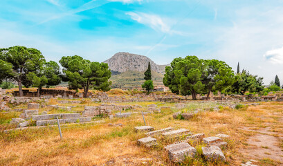 archaeological site of Ancient Corinth built in the slopes of Acrocorinth, Peloponnese, Greece