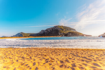 Voidokilia beach, lagoon with beaches in mediterranean, Ionian Sea, Pylos town , Greece. Navarino...
