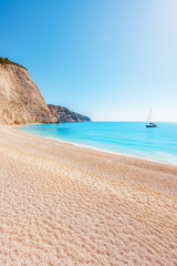 Fototapeta premium Beach of Port Katsiki with turquoise shining ocean on the island of Lefkada, Ionian Sea, Greece