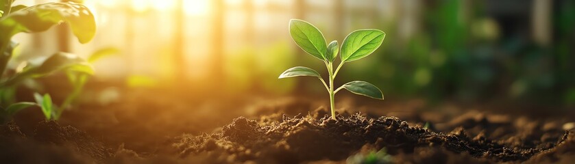 Young plant sprouting in fertile soil inside a greenhouse, with sunlight filtering through