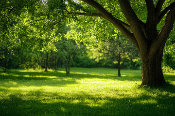 A peaceful park scene with a large tree casting shade on sunlit grass surrounded by lush greenery and trees