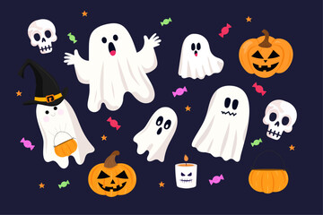 Scary and funny ghost halloween set on purple background. Cute ghosts and pumpkins, candies, skulls - traditional symbols of festive halloween night. For halloween decor, prints, cartoon characters.