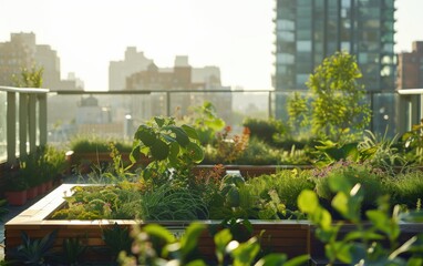 Fototapeta premium Sustainable rooftop garden showcasing fossil-era flora with urban skyline in the background during golden hour