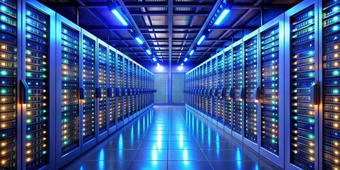Server Room Perspective, 3D rendering, blue and yellow lights, data center, technology, server, network