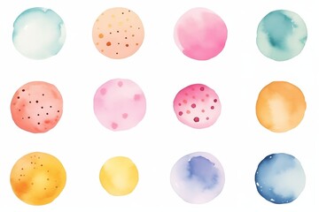 Set of colorful watercolor hand painted round shapes, stains, circles, blobs isolated on white 