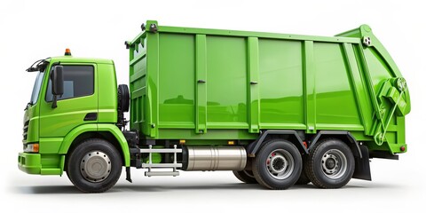Side View of a Green Garbage Truck, garbage truck , waste removal , sanitation , refuse collection