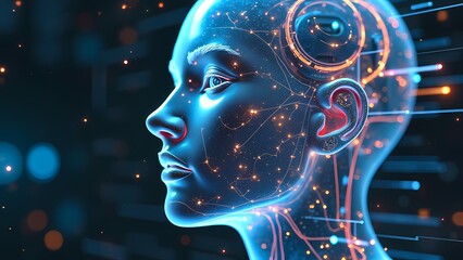 Futuristic Head with Transparent Features and Glowing Circuits in Dark Space