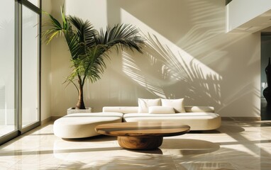 Fototapeta premium Contemporary living room design featuring a stylish sago palm and modern furnishings in a sunlit space