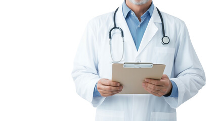 male doctor holding medical record clipboard in white coat with stethoscope isolated on transparent background