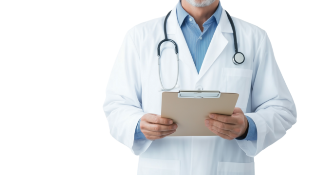 male doctor holding medical record clipboard in white coat with stethoscope isolated on transparent background