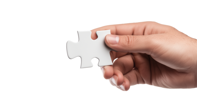 Hand holding white jigsaw puzzle piece isolated on transparent background