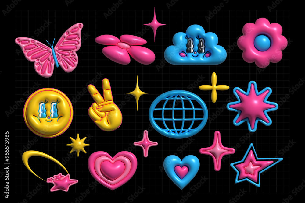 Poster y2k 3d inflated element set. set of colorful retro y2k style icon