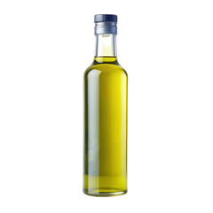 Tall glass bottle of olive oil with a screw cap, designed for preserving the freshness of the oil. Isolated on transparent background, png.