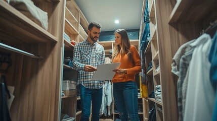 Fototapeta premium Couple planning their wardrobe organization in a stylish home closet during an afternoon