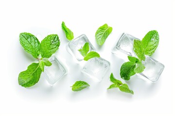 Obraz premium Three ice cubes with mint leaves on white background