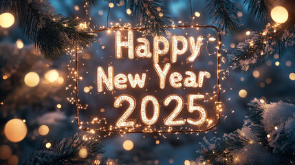 Happy new year 2025 sign hanging between two pine trees covered in snow at night