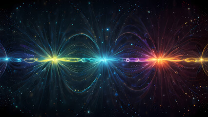 Obraz premium An abstract digital illustration representing positive and negative ions in a cosmic field, with vibrant electric arcs and glowing particles, creating a sense of energy flow and balance