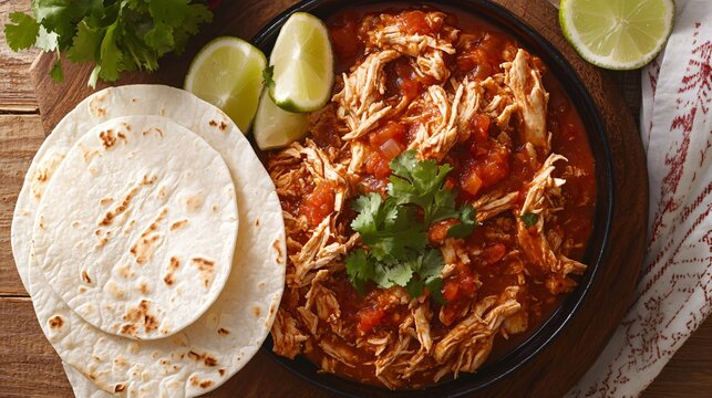 A dish of tinga de pollo, shredded chicken in a smoky tomato sauce, served with rice and warm tortillas
