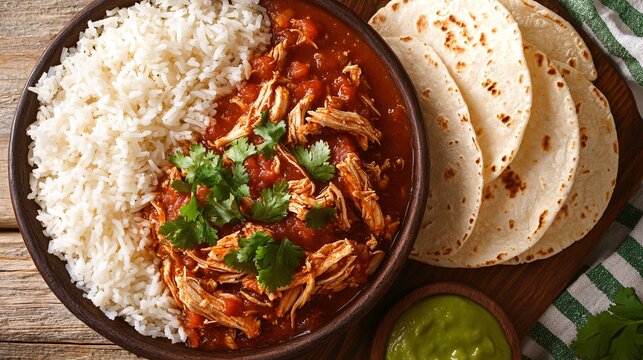 A dish of tinga de pollo, shredded chicken in a smoky tomato sauce, served with rice and warm tortillas